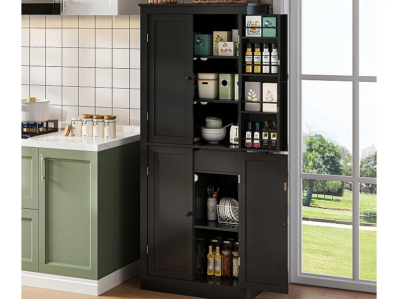 Buffet de cuisine 75x40x180cm - 2 portes de rangement avec étagères - 1 tiroir et compartiment de rangement - Noir