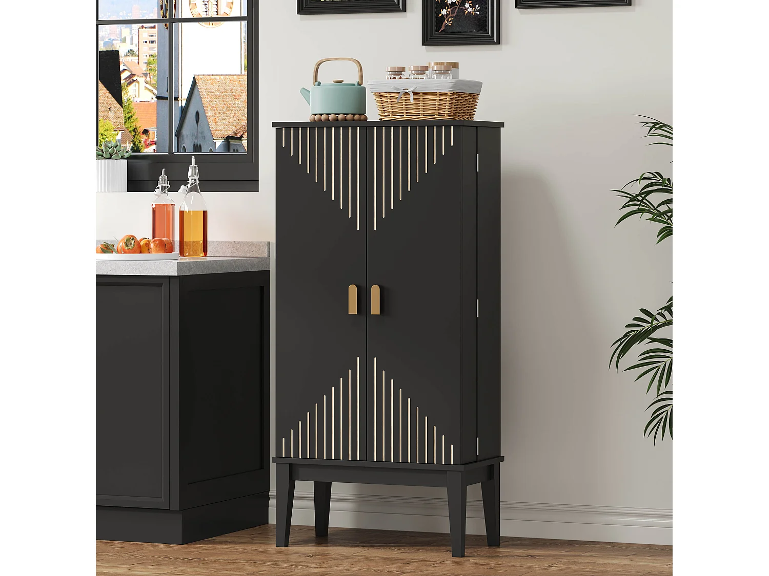 Buffet de cuisine 59x30x120cm - 2 portes de rangement avec étagères - style rétro - Noir