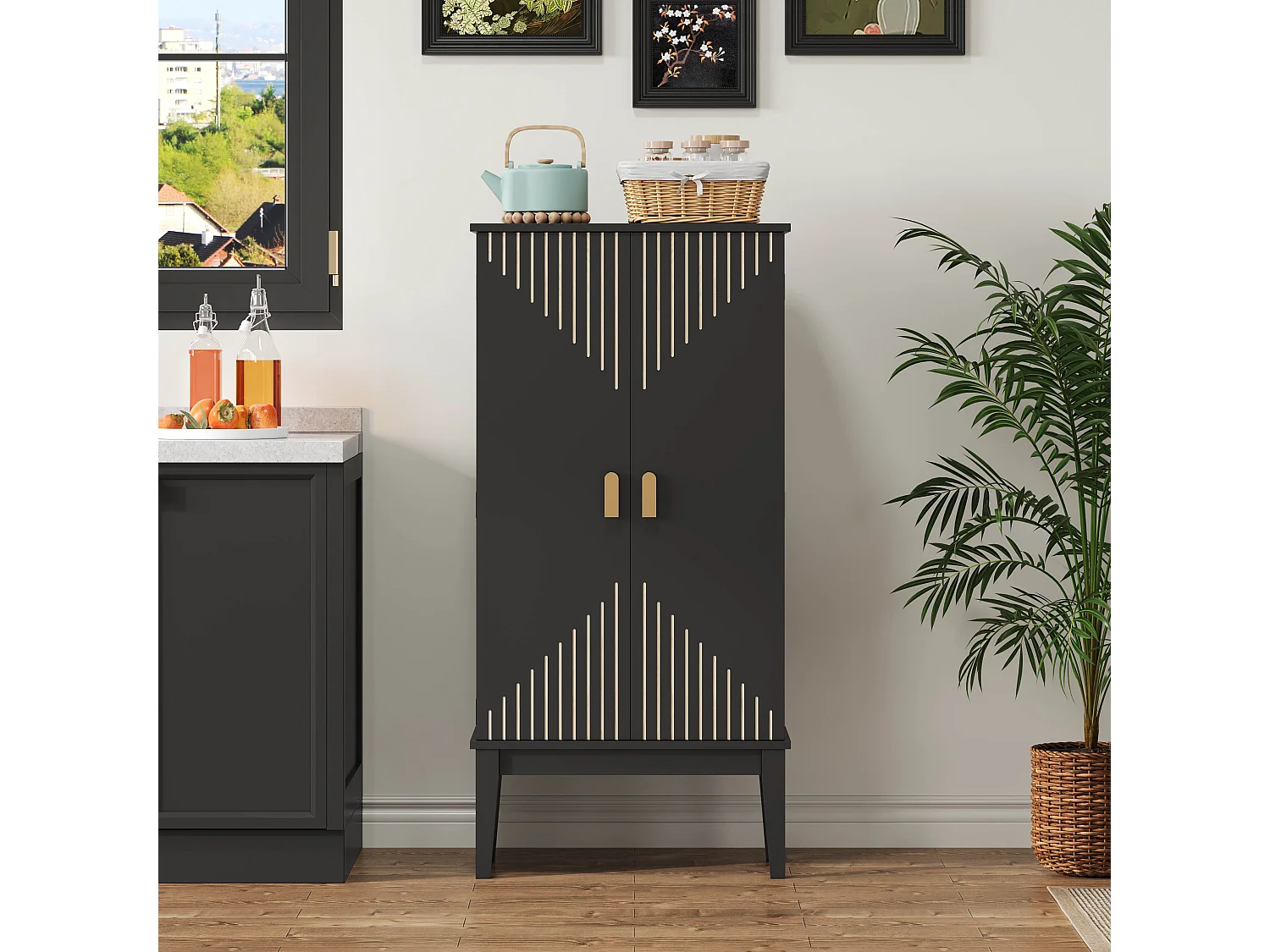 Buffet de cuisine 59x30x120cm - 2 portes de rangement avec étagères - style rétro - Noir