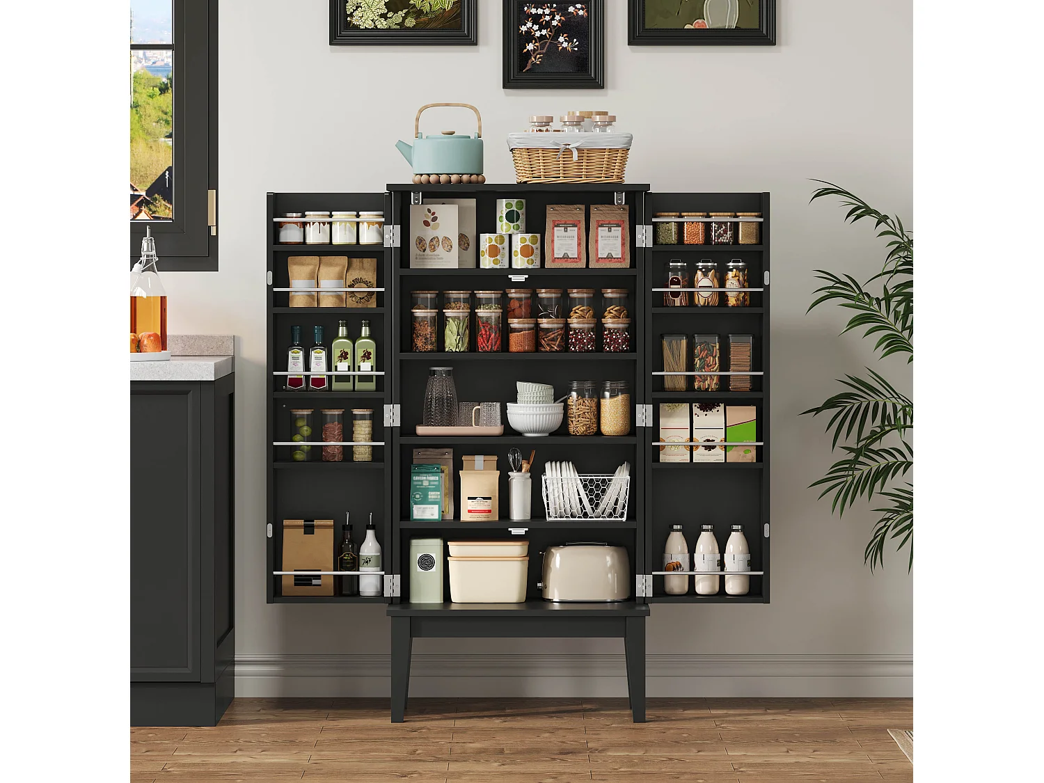 Buffet de cuisine 59x30x120cm - 2 portes de rangement avec étagères - style rétro - Noir