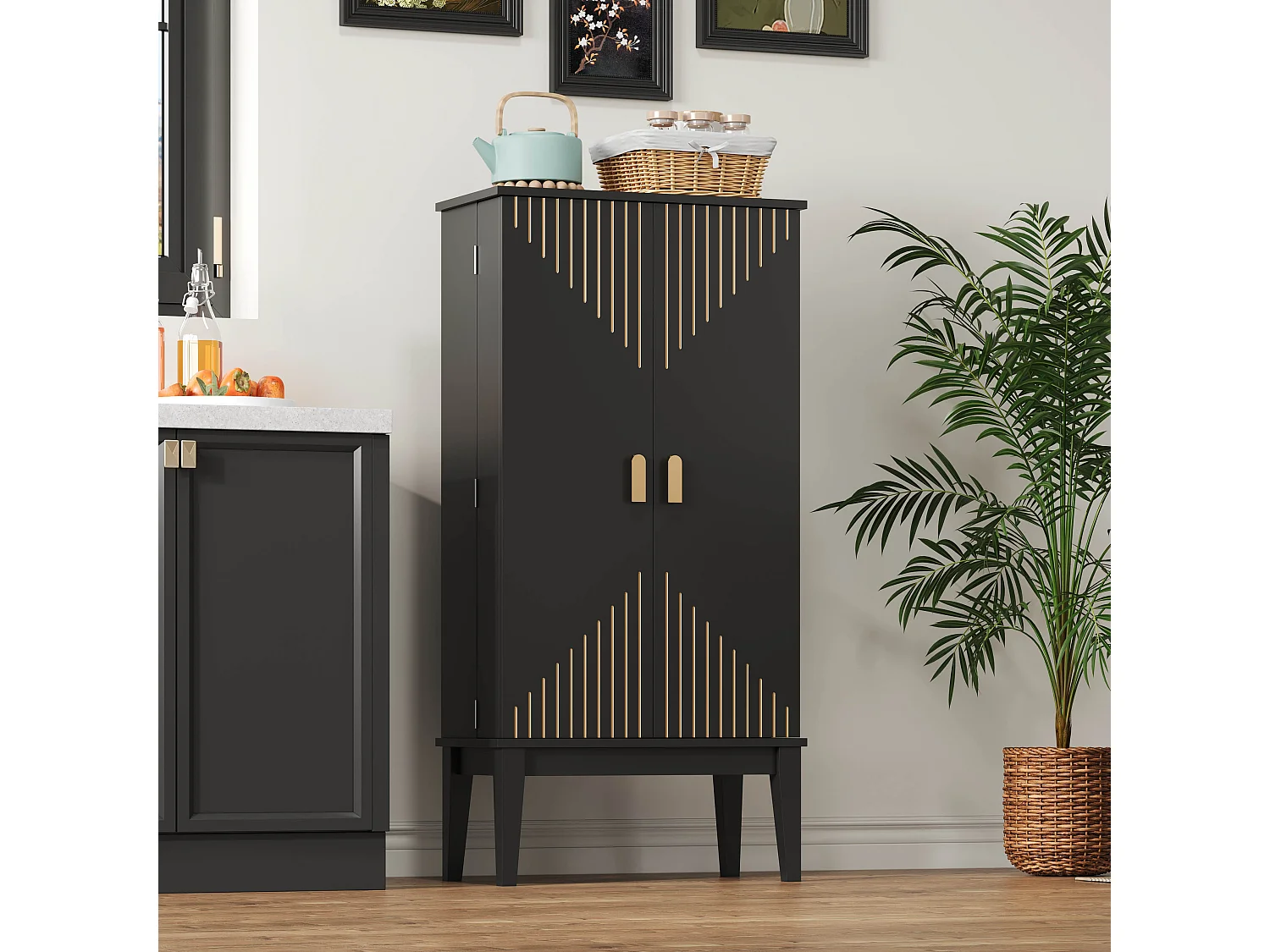 Buffet de cuisine 59x30x120cm - 2 portes de rangement avec étagères - style rétro - Noir