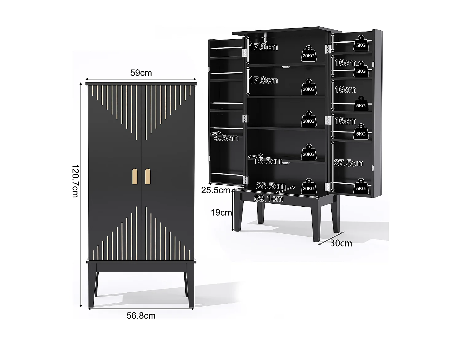Buffet de cuisine 59x30x120cm - 2 portes de rangement avec étagères - style rétro - Noir