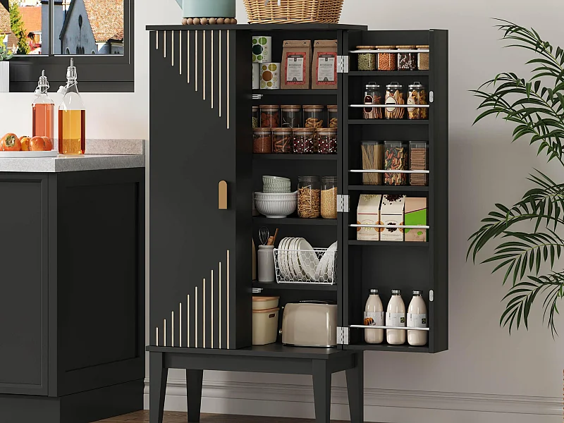 Buffet de cuisine 59x30x120cm - 2 portes de rangement avec étagères - style rétro - Noir