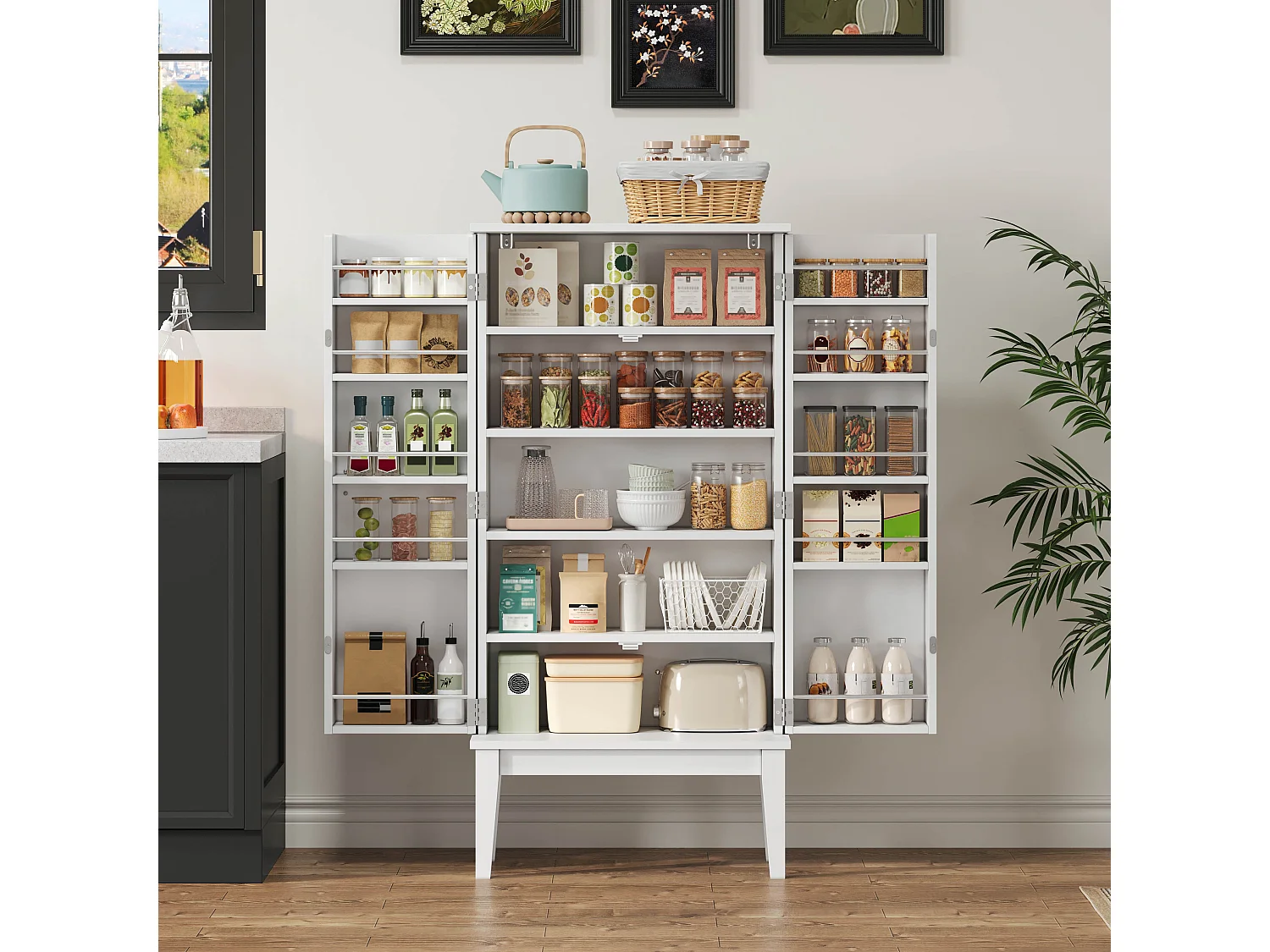 Buffet de cuisine 59x30x120cm - 2 portes de rangement avec étagères - style rétro - Blanc