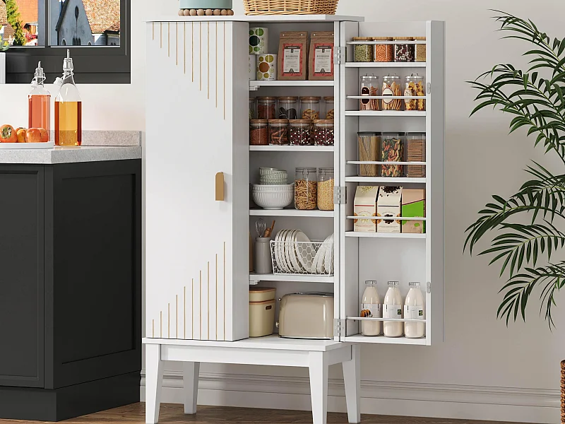 Buffet de cuisine 59x30x120cm - 2 portes de rangement avec étagères - style rétro - Blanc