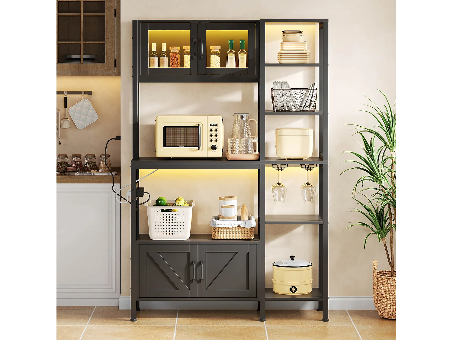 Buffet de cuisine moderne 115x40x180cm - avec prise et LED - avec 2 tiroirs et un porte-verres à vin - Noir