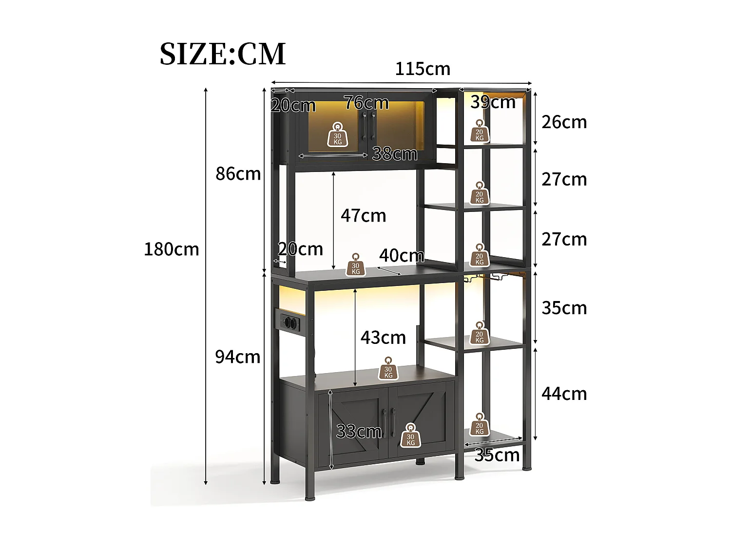 Buffet de cuisine moderne 115x40x180cm - avec prise et LED - avec 2 tiroirs et un porte-verres à vin - Noir