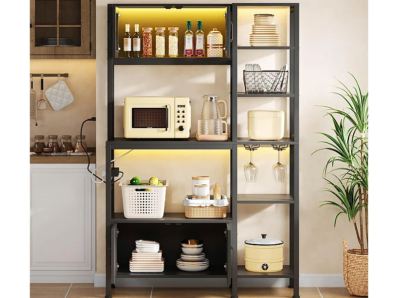 Buffet de cuisine moderne 115x40x180cm - avec prise et LED - avec 2 tiroirs et un porte-verres à vin - Noir