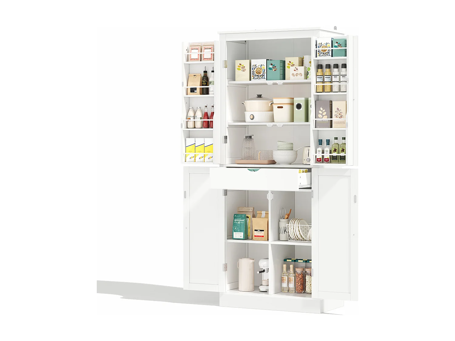 Buffet de cuisine 75x40x180cm - 2 portes de rangement avec étagères - 1 tiroir et compartiment de rangement - Blanc