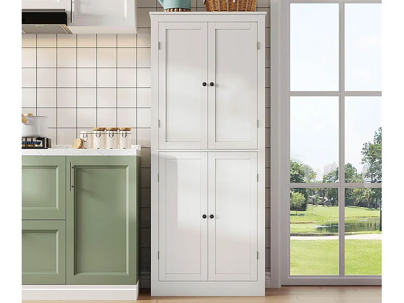 Buffet de cuisine 75x40x180cm - 2 portes de rangement avec étagères - 1 tiroir et compartiment de rangement - Blanc