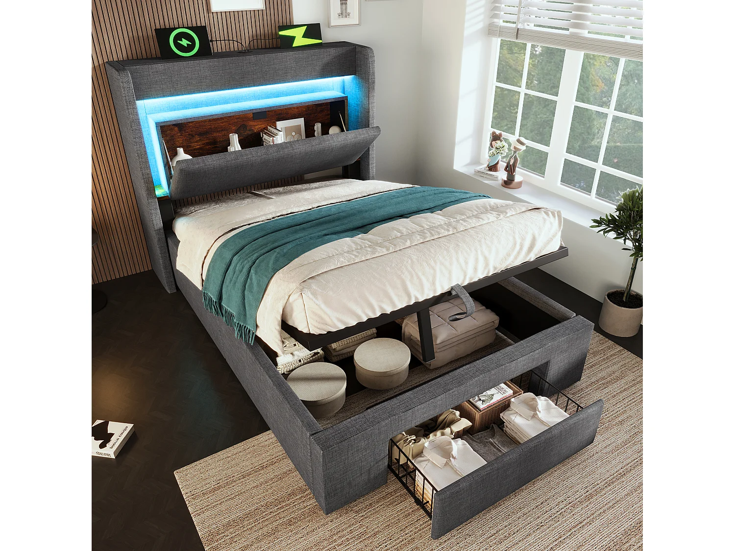 Gepolstertes Bett mit Stauraum 90x200cm - mit LED und USB-Anschluss - mit 1 Schublade - Kopfteil mit Stauraum - Leinen - Grau​ (ohne Matratze)