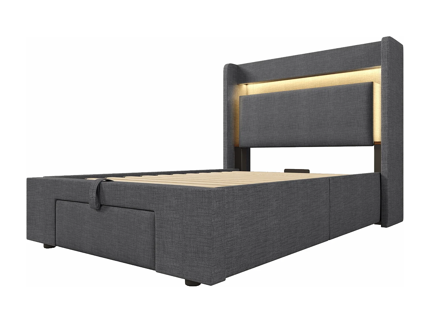 Gepolstertes Bett mit Stauraum 90x200cm - mit LED und USB-Anschluss - mit 1 Schublade - Kopfteil mit Stauraum - Leinen - Grau​ (ohne Matratze)