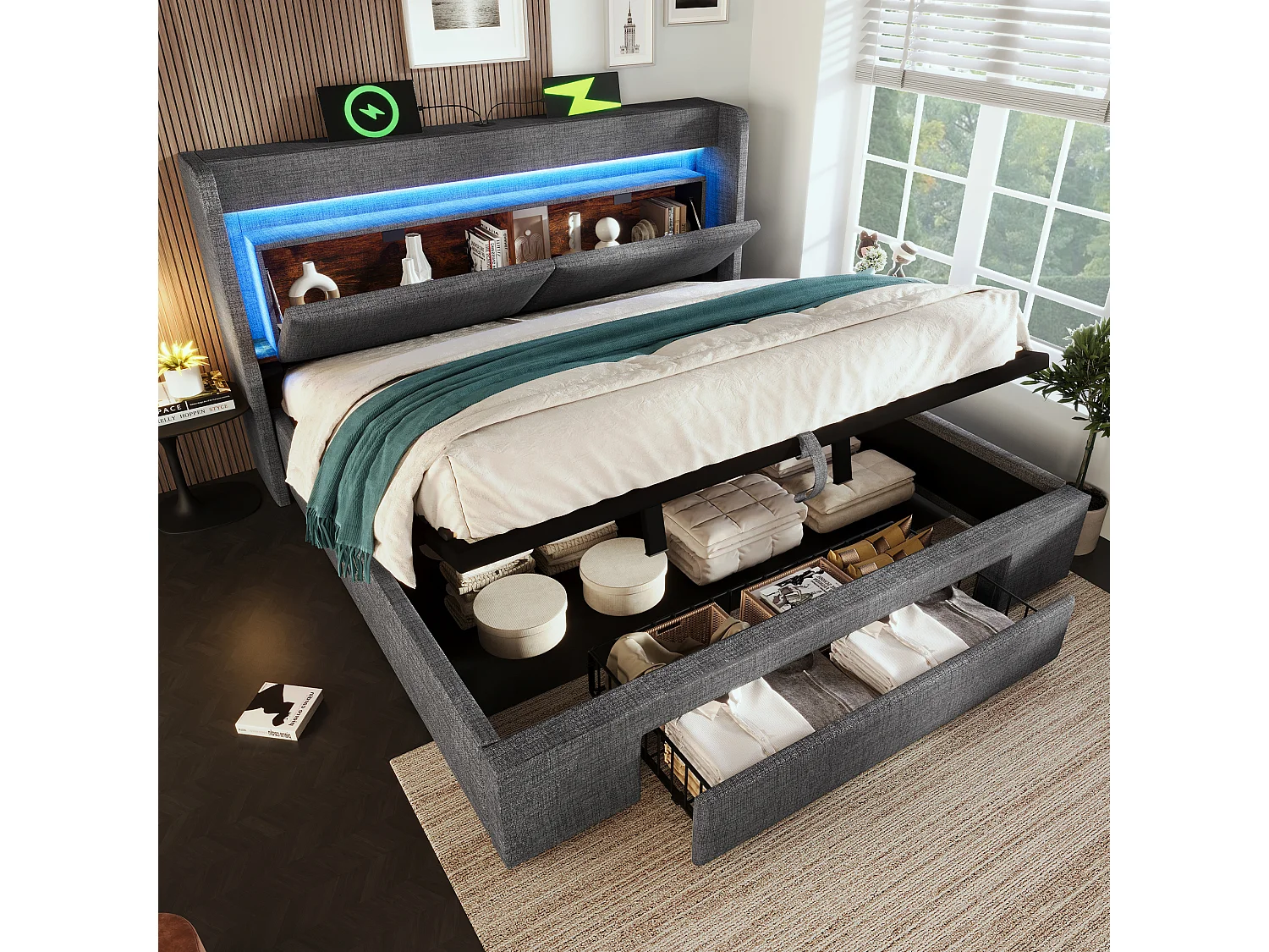 Gepolstertes Bett mit Stauraum 140x200cm - mit LED und USB-Anschluss - mit 1 Schublade - Kopfteil mit Stauraum - Leinen - Grau​ (ohne Matratze)