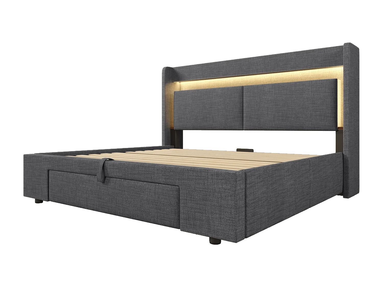 Gepolstertes Bett mit Stauraum 140x200cm - mit LED und USB-Anschluss - mit 1 Schublade - Kopfteil mit Stauraum - Leinen - Grau​ (ohne Matratze)