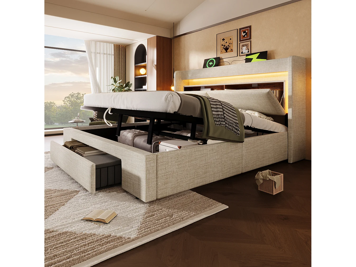 Gepolstertes Bett mit Stauraum 160x200cm - mit LED und USB-Anschluss - mit 1 Schublade - Kopfteil mit Stauraum - Leinen - Beige​ (ohne Matratze)