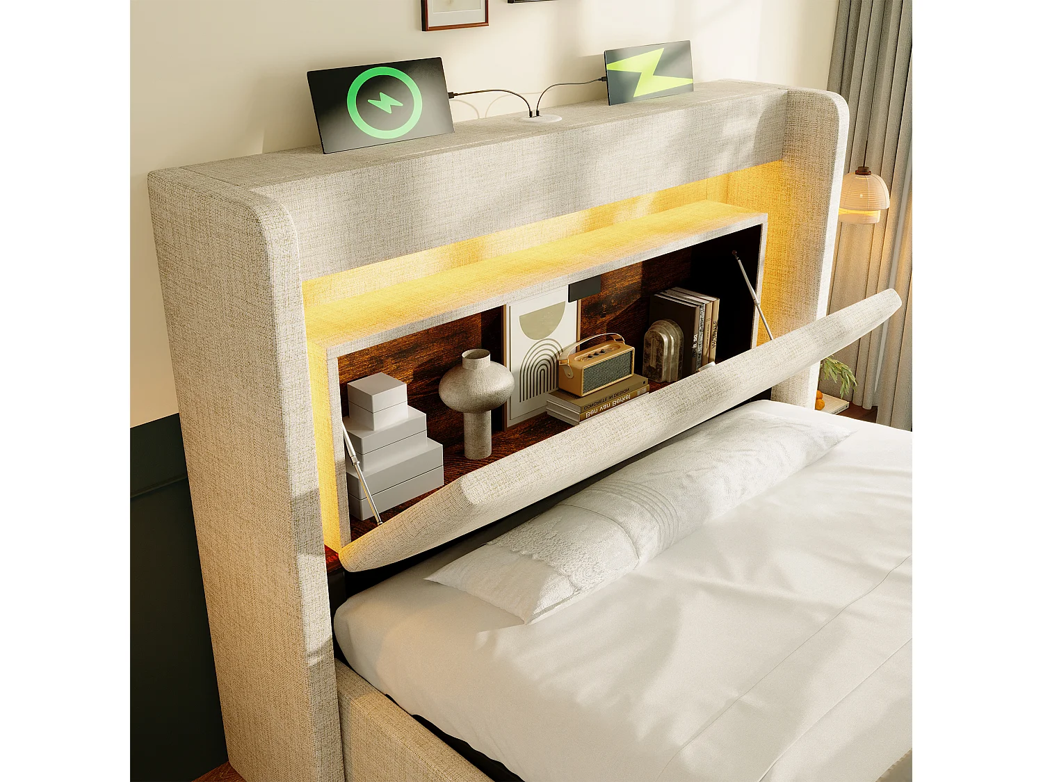 Gepolstertes Bett mit Stauraum 90x200cm - mit LED und USB-Anschluss - mit 1 Schublade - Kopfteil mit Stauraum - Leinen - Beige​ (ohne Matratze)