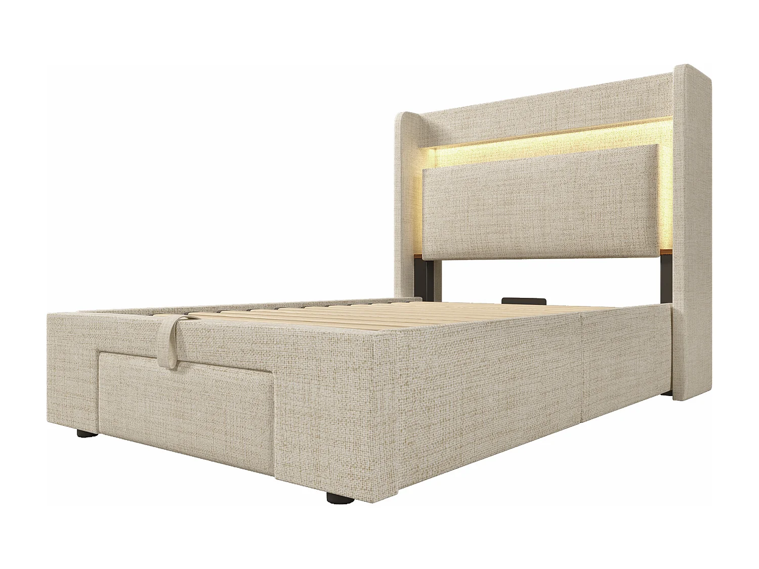 Gepolstertes Bett mit Stauraum 90x200cm - mit LED und USB-Anschluss - mit 1 Schublade - Kopfteil mit Stauraum - Leinen - Beige​ (ohne Matratze)