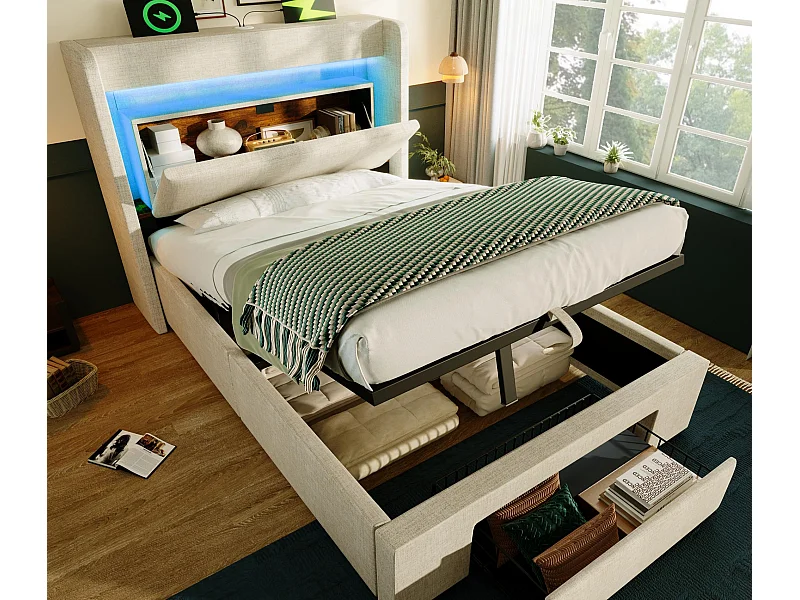 Gepolstertes Bett mit Stauraum 90x200cm - mit LED und USB-Anschluss - mit 1 Schublade - Kopfteil mit Stauraum - Leinen - Beige​ (ohne Matratze)