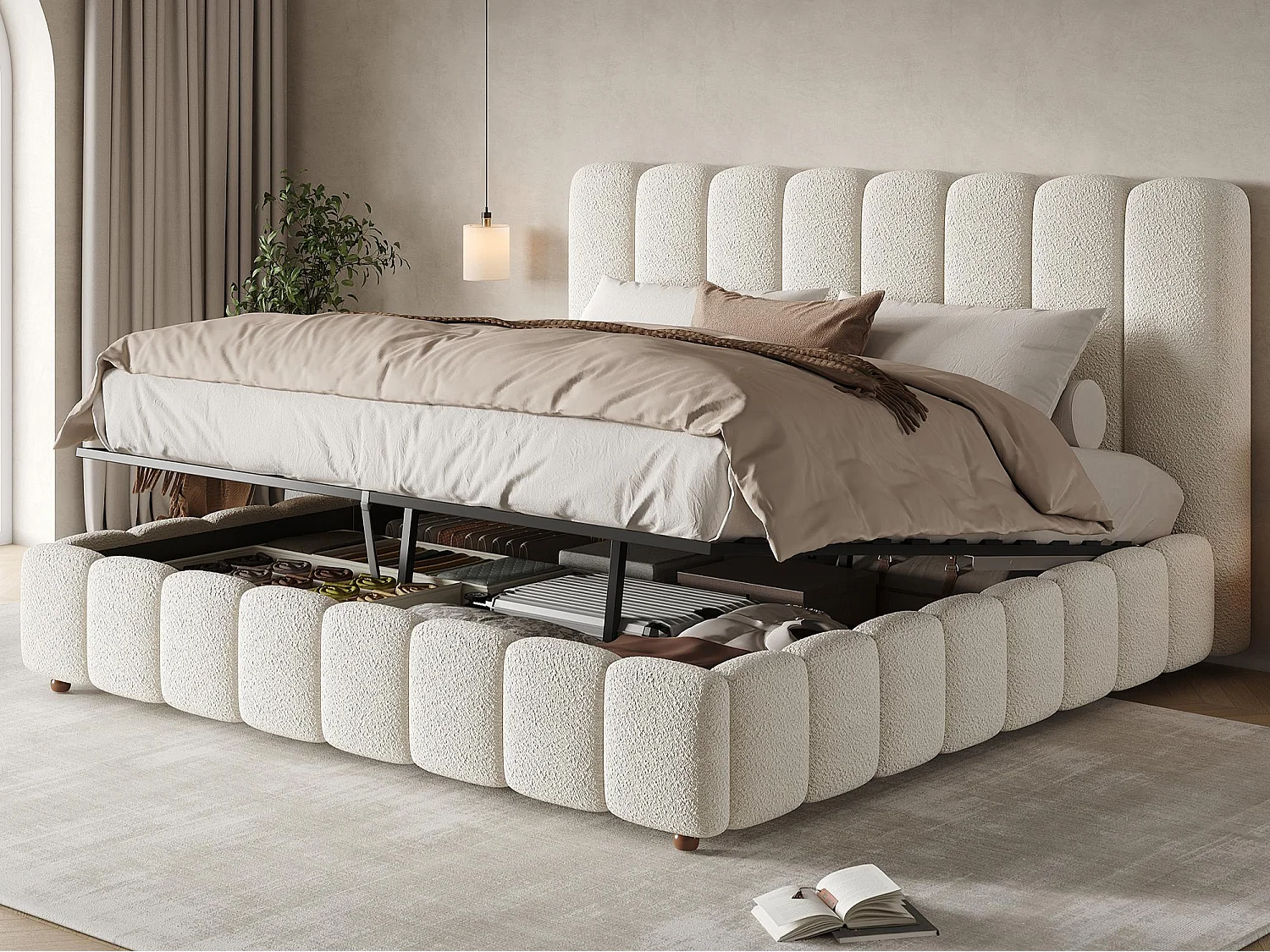 Lit coffre rembourré 200x200cm - avec sommier à lattes - Tissu bouclé - Blanc (sans matelas)