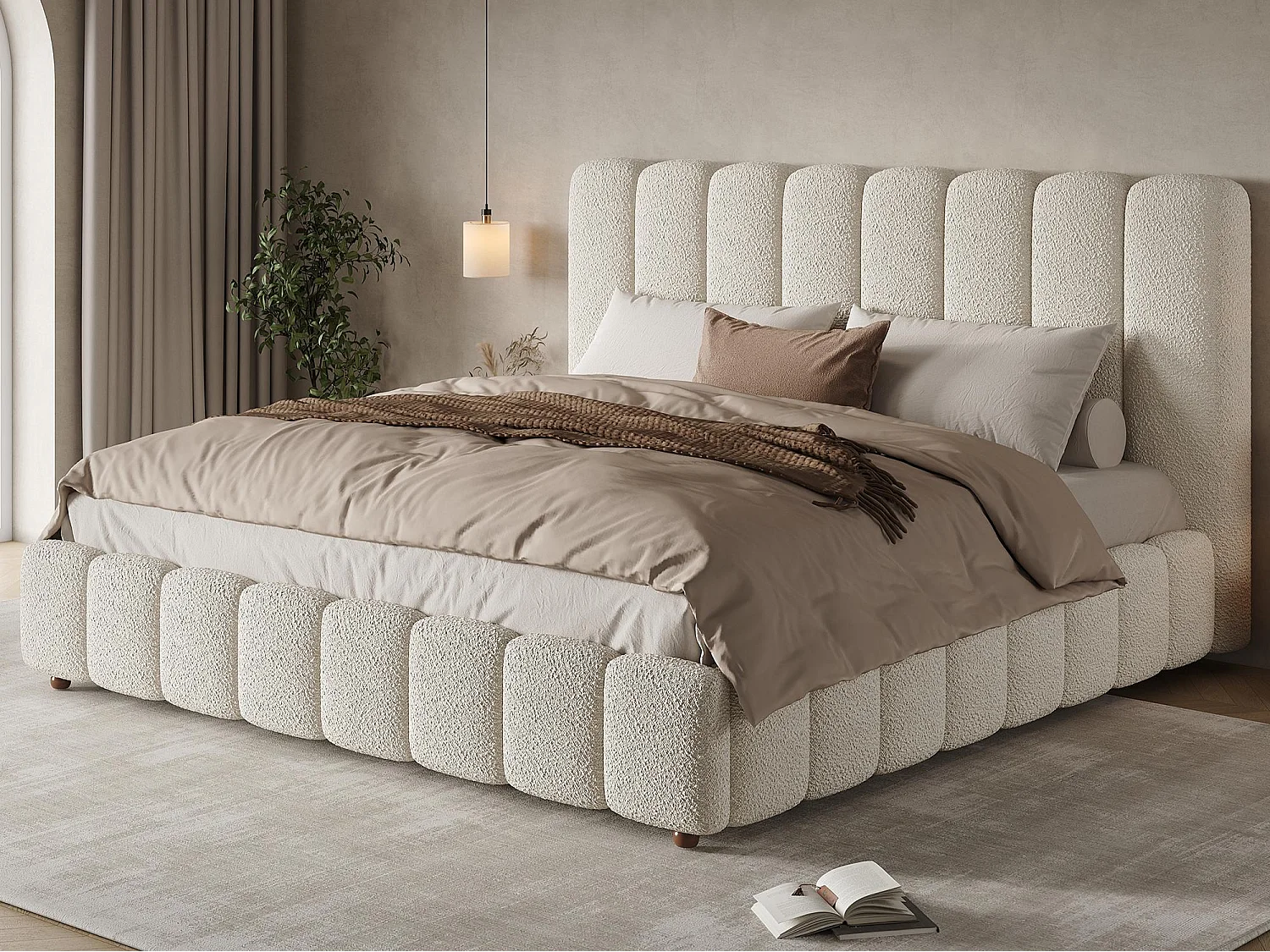 Lit coffre rembourré 160x200cm - avec sommier à lattes - Tissu bouclé - Blanc (sans matelas)