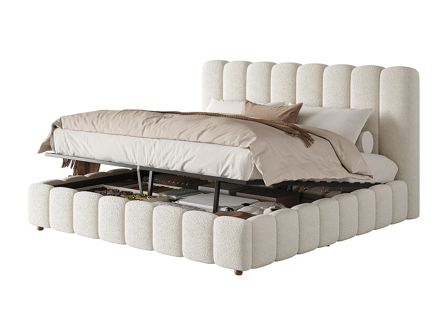 Lit coffre rembourré 160x200cm - avec sommier à lattes - Tissu bouclé - Blanc (sans matelas)