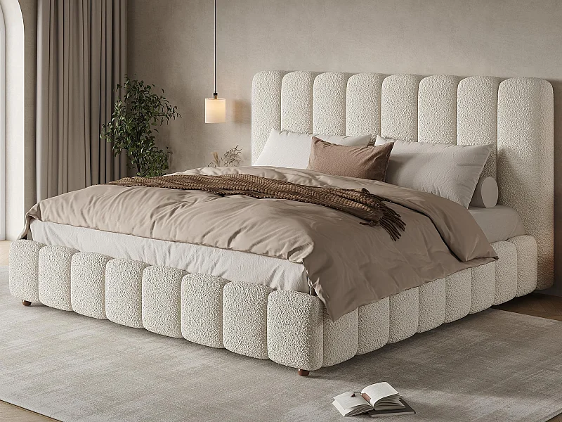 Lit coffre rembourré 160x200cm - avec sommier à lattes - Tissu bouclé - Blanc (sans matelas)