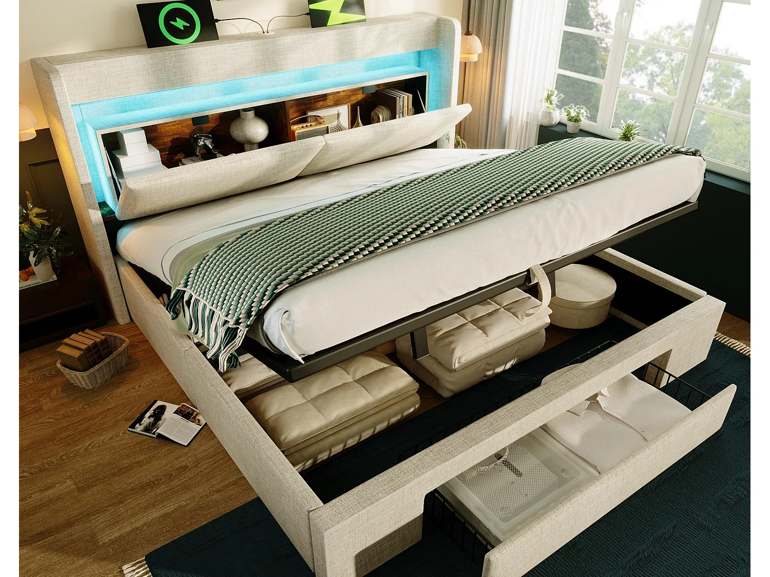 Gepolstertes Bett mit Stauraum 180x200cm - mit LED und USB-Anschluss - mit 1 Schublade - Kopfteil mit Stauraum - Leinen - Beige​ (ohne Matratze)