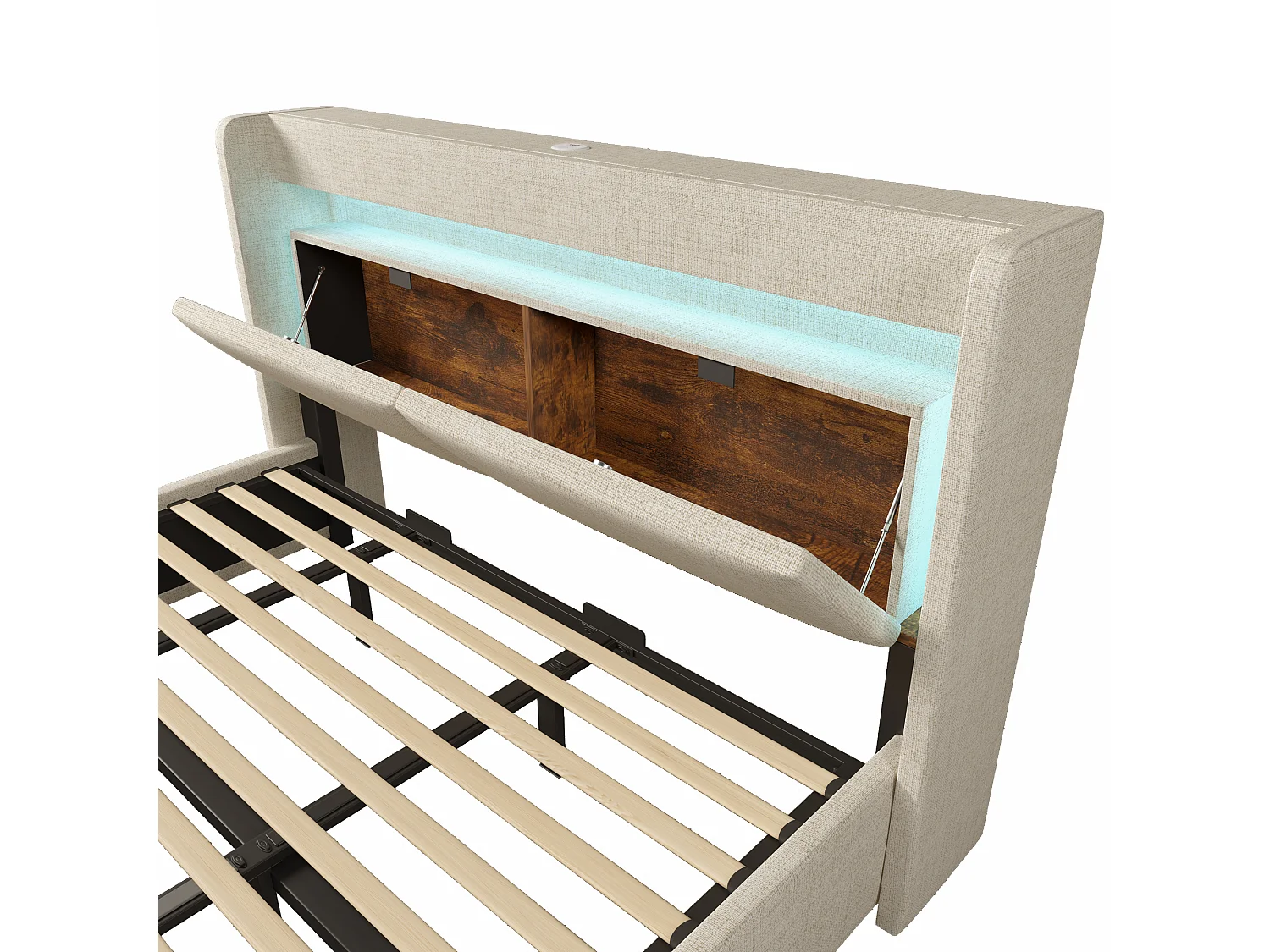 Gepolstertes Bett mit Stauraum 180x200cm - mit LED und USB-Anschluss - mit 1 Schublade - Kopfteil mit Stauraum - Leinen - Beige​ (ohne Matratze)