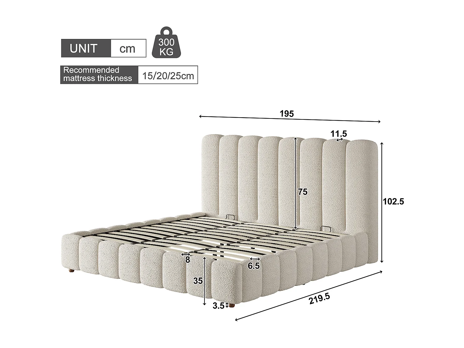 Lit coffre rembourré 180x200cm - avec sommier à lattes - Tissu bouclé - Blanc (sans matelas)