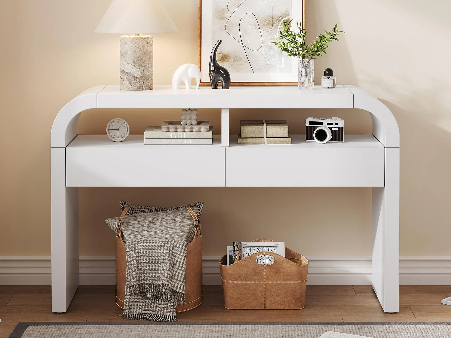Table console 120x35.5x76..5cm - avec 2 tiroirs - Coins arrondis - étagères ouvertes - MDF - Blanc