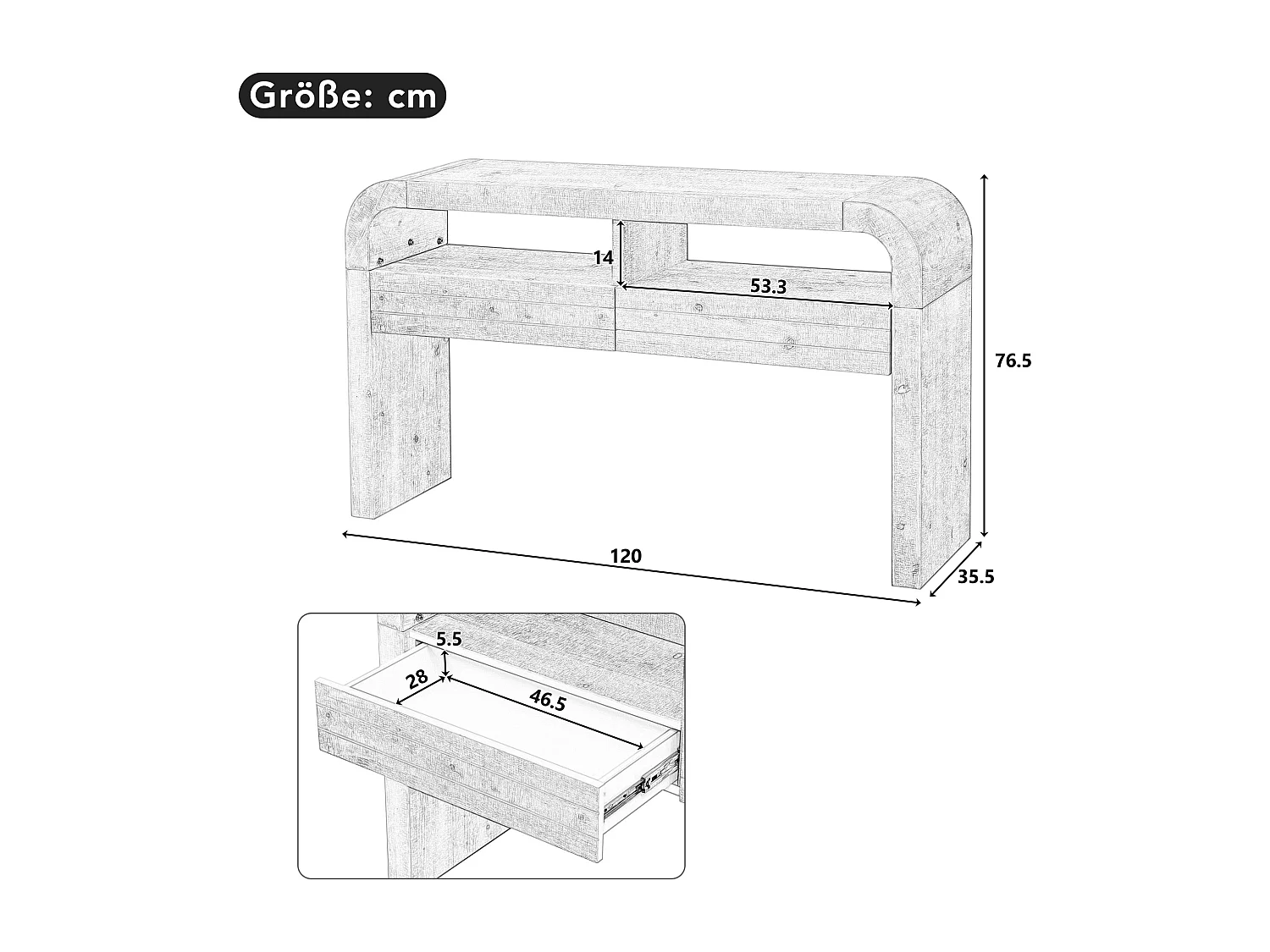 Table console 120x35.5x76..5cm - avec 2 tiroirs - Coins arrondis - étagères ouvertes - MDF - Blanc