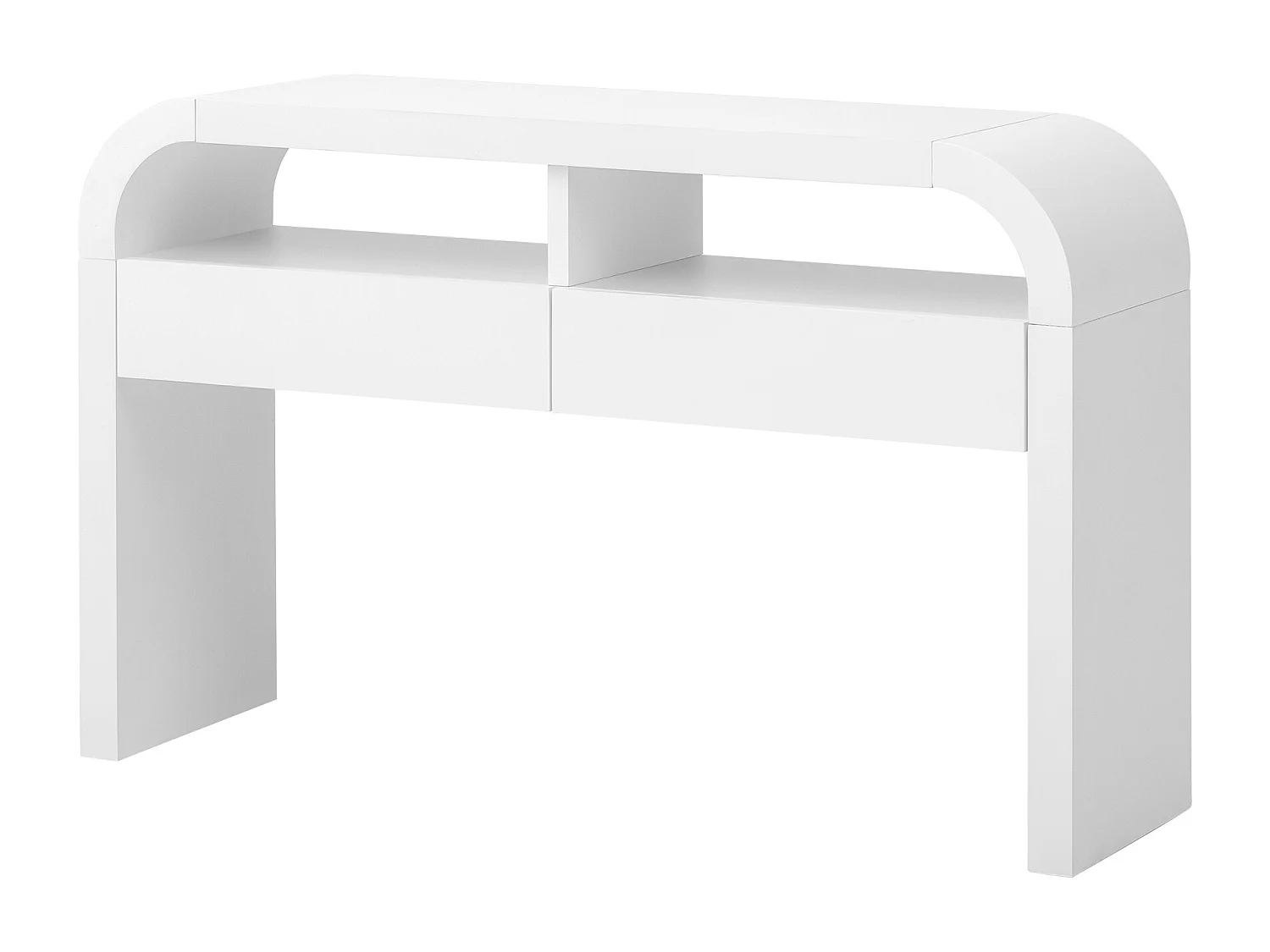 Table console 120x35.5x76..5cm - avec 2 tiroirs - Coins arrondis - étagères ouvertes - MDF - Blanc