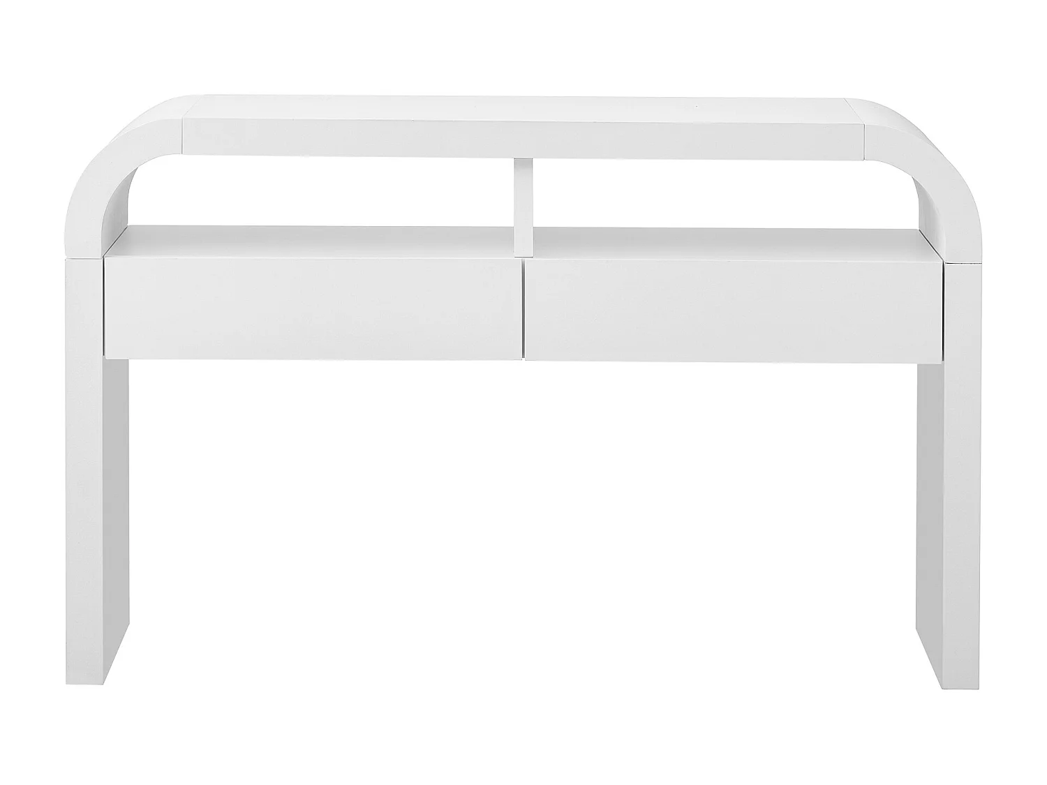 Table console 120x35.5x76..5cm - avec 2 tiroirs - Coins arrondis - étagères ouvertes - MDF - Blanc