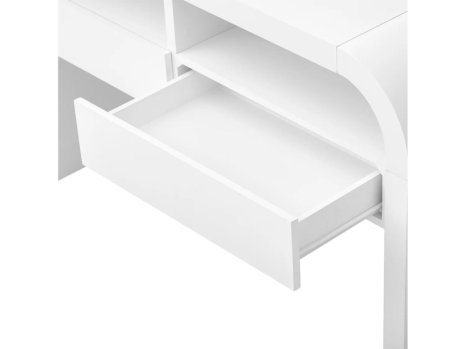 Table console 120x35.5x76..5cm - avec 2 tiroirs - Coins arrondis - étagères ouvertes - MDF - Blanc