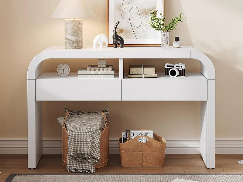 Table console 120x35.5x76..5cm - avec 2 tiroirs - Coins arrondis - étagères ouvertes - MDF - Blanc