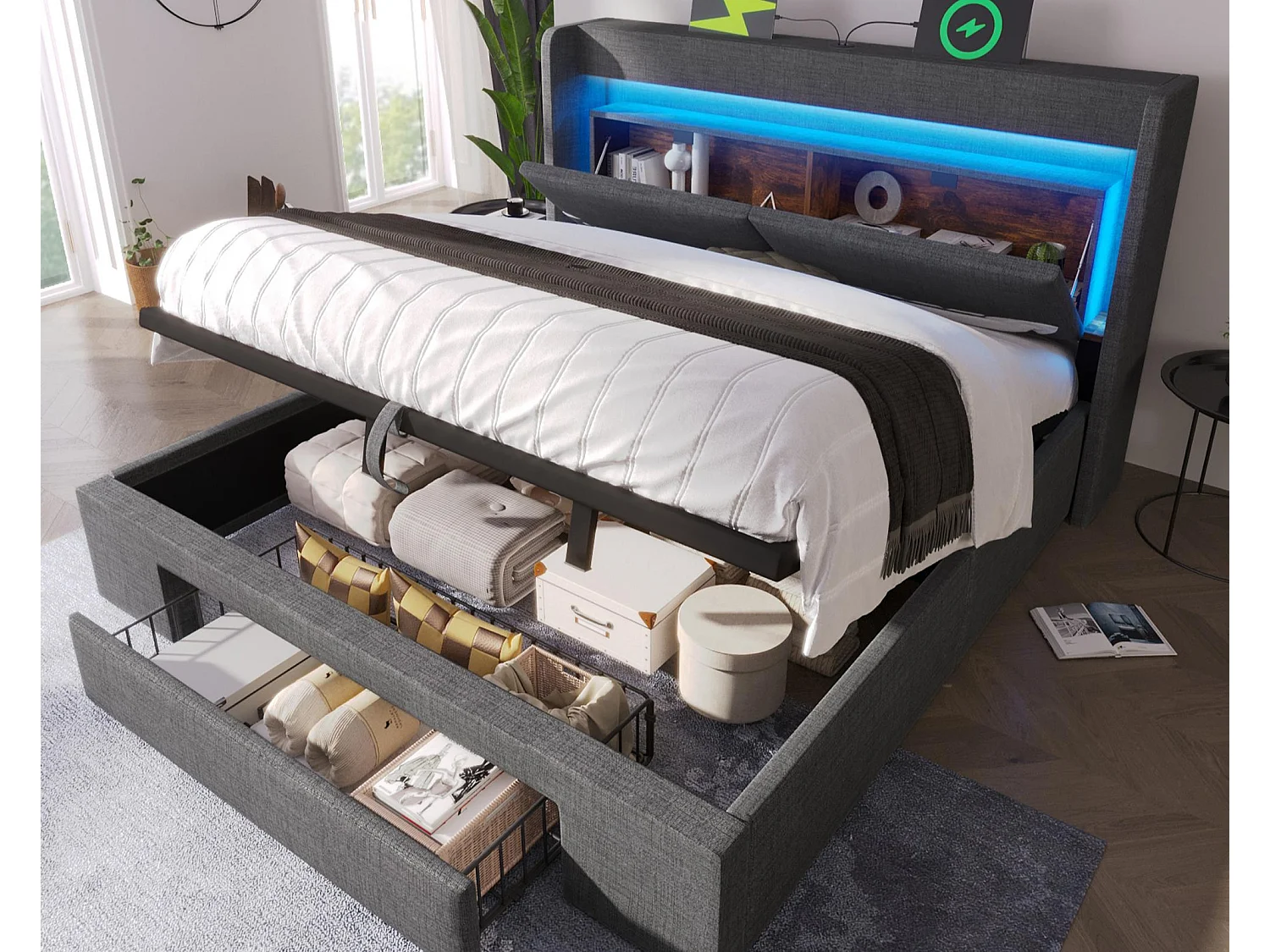 Gepolstertes Bett mit Stauraum 160x200cm - mit LED und USB-Anschluss - mit 1 Schublade - Kopfteil mit Stauraum - Leinen - Grau​ (ohne Matratze)