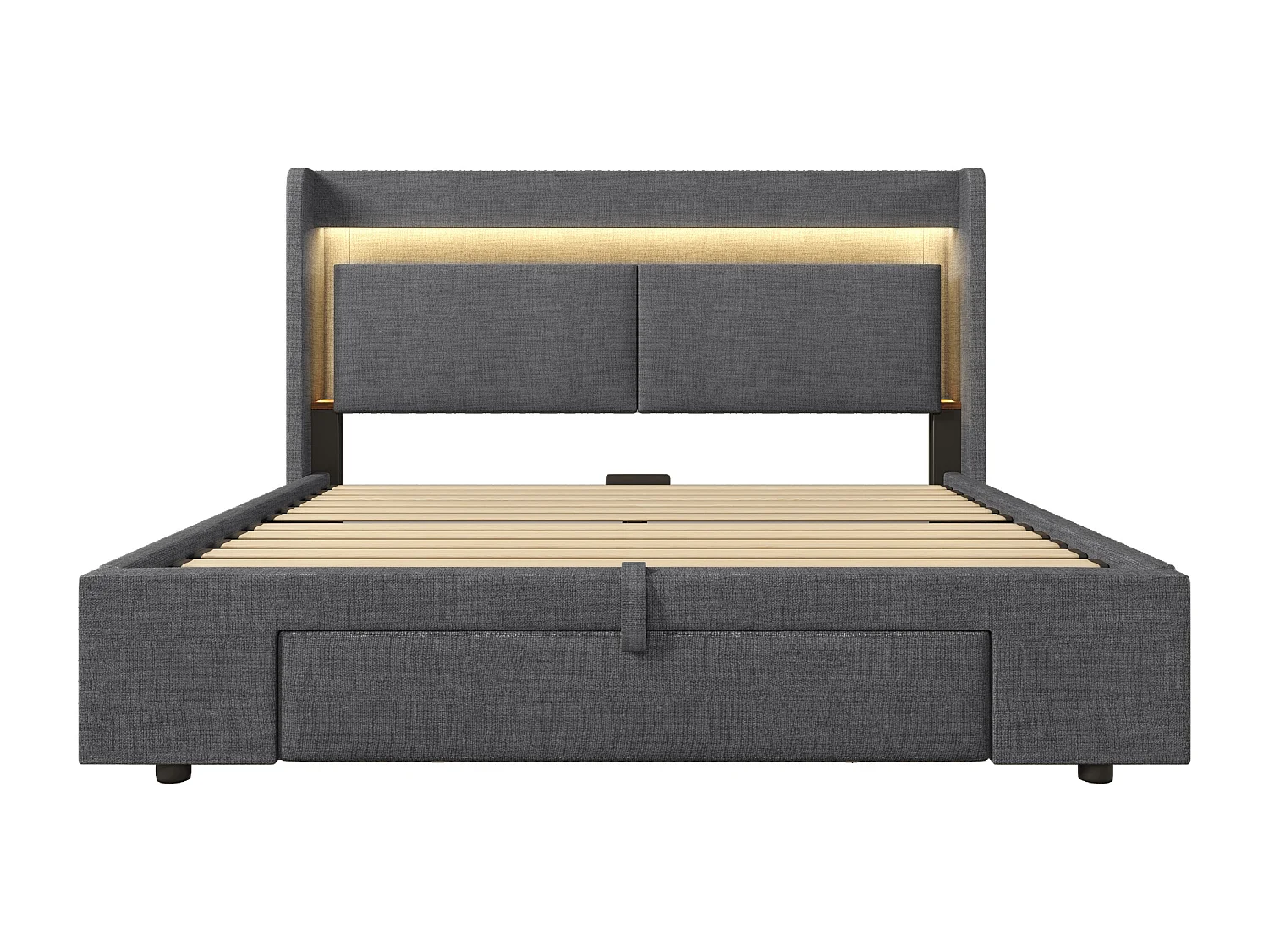Gepolstertes Bett mit Stauraum 160x200cm - mit LED und USB-Anschluss - mit 1 Schublade - Kopfteil mit Stauraum - Leinen - Grau​ (ohne Matratze)