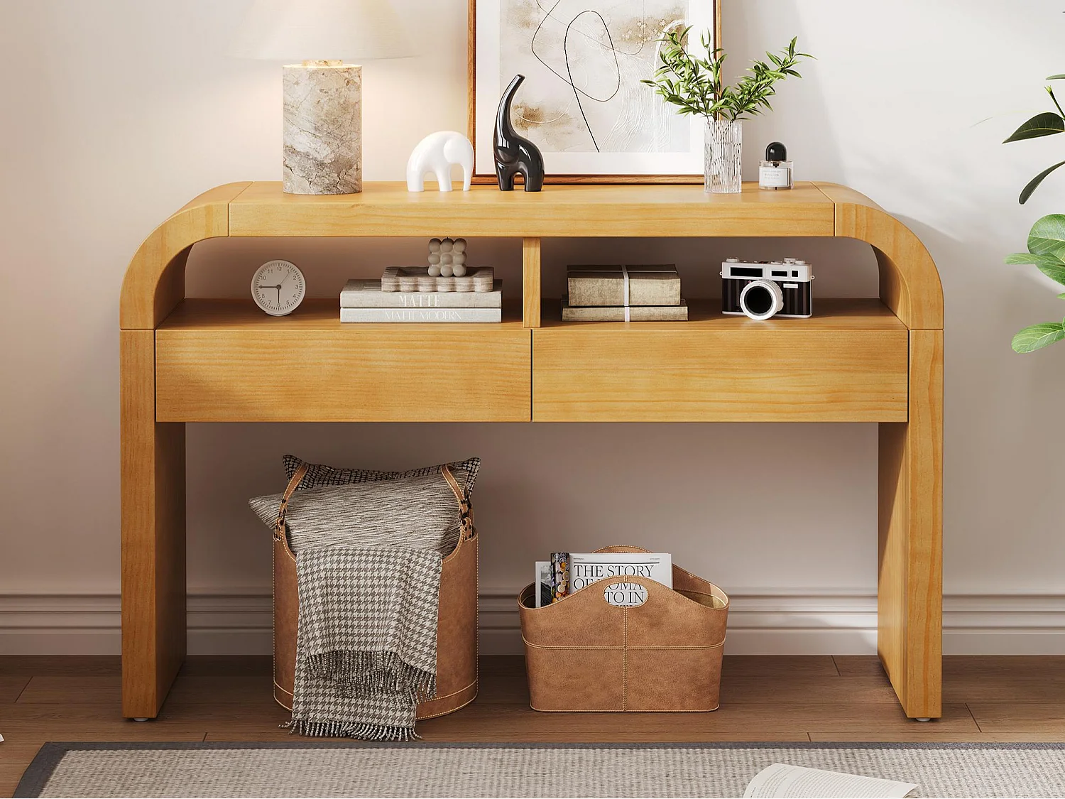 Table console 120x35.5x76..5cm - avec 2 tiroirs - Coins arrondis - étagères ouvertes - MDF - Naturel