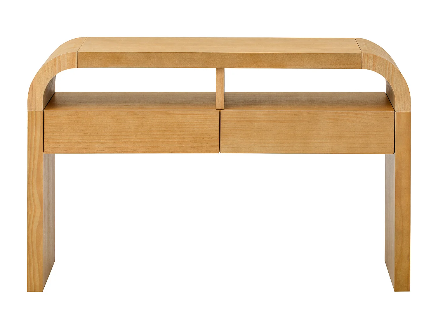 Table console 120x35.5x76..5cm - avec 2 tiroirs - Coins arrondis - étagères ouvertes - MDF - Naturel