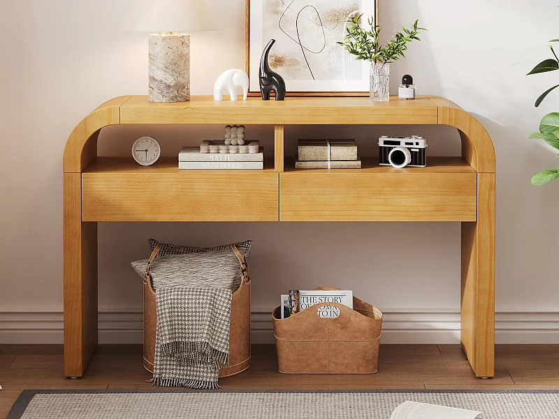 Table console 120x35.5x76..5cm - avec 2 tiroirs - Coins arrondis - étagères ouvertes - MDF - Naturel
