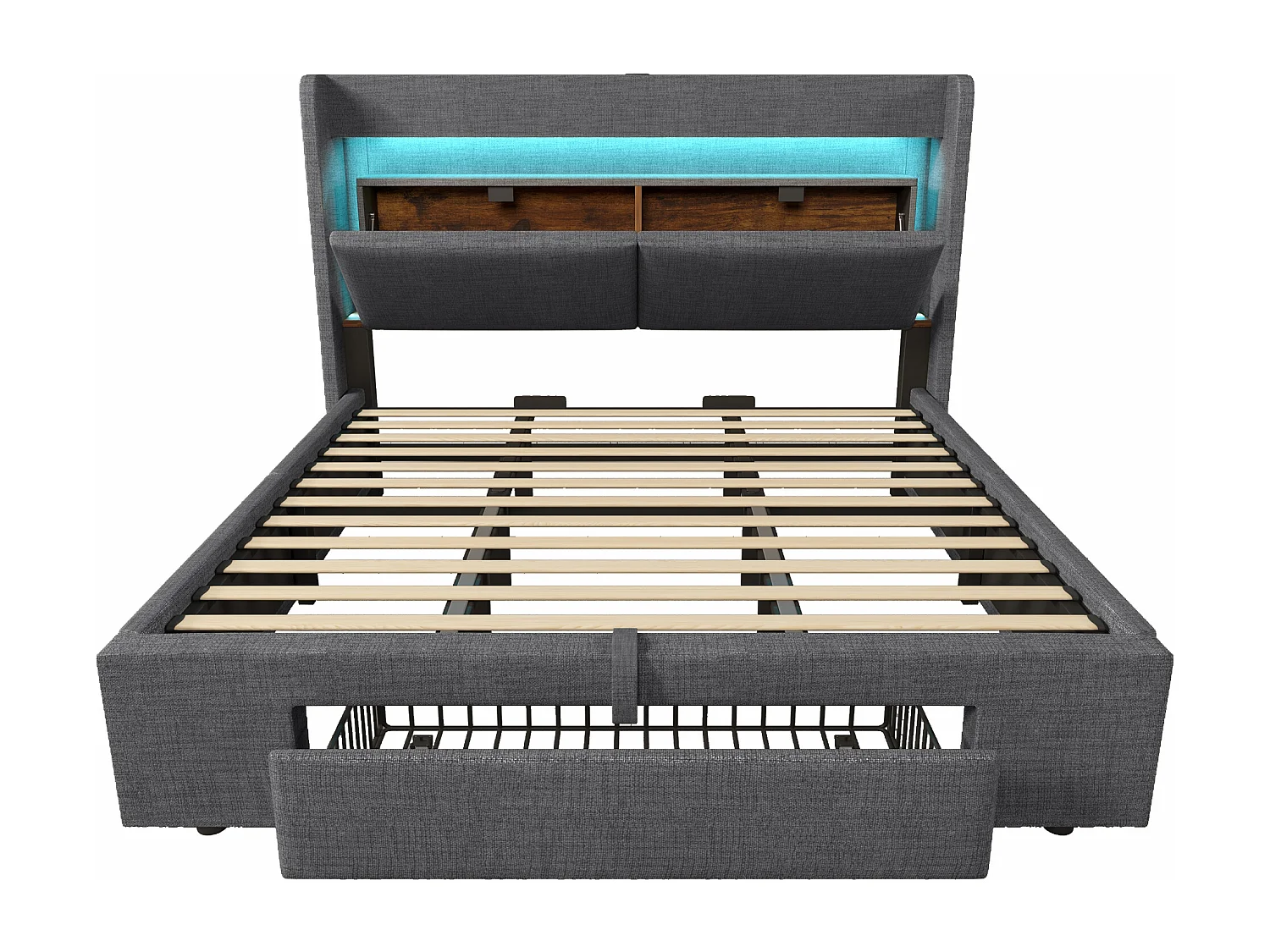 Gepolstertes Bett mit Stauraum 180x200cm - mit LED und USB-Anschluss - mit 1 Schublade - Kopfteil mit Stauraum - Leinen - Grau​ (ohne Matratze)