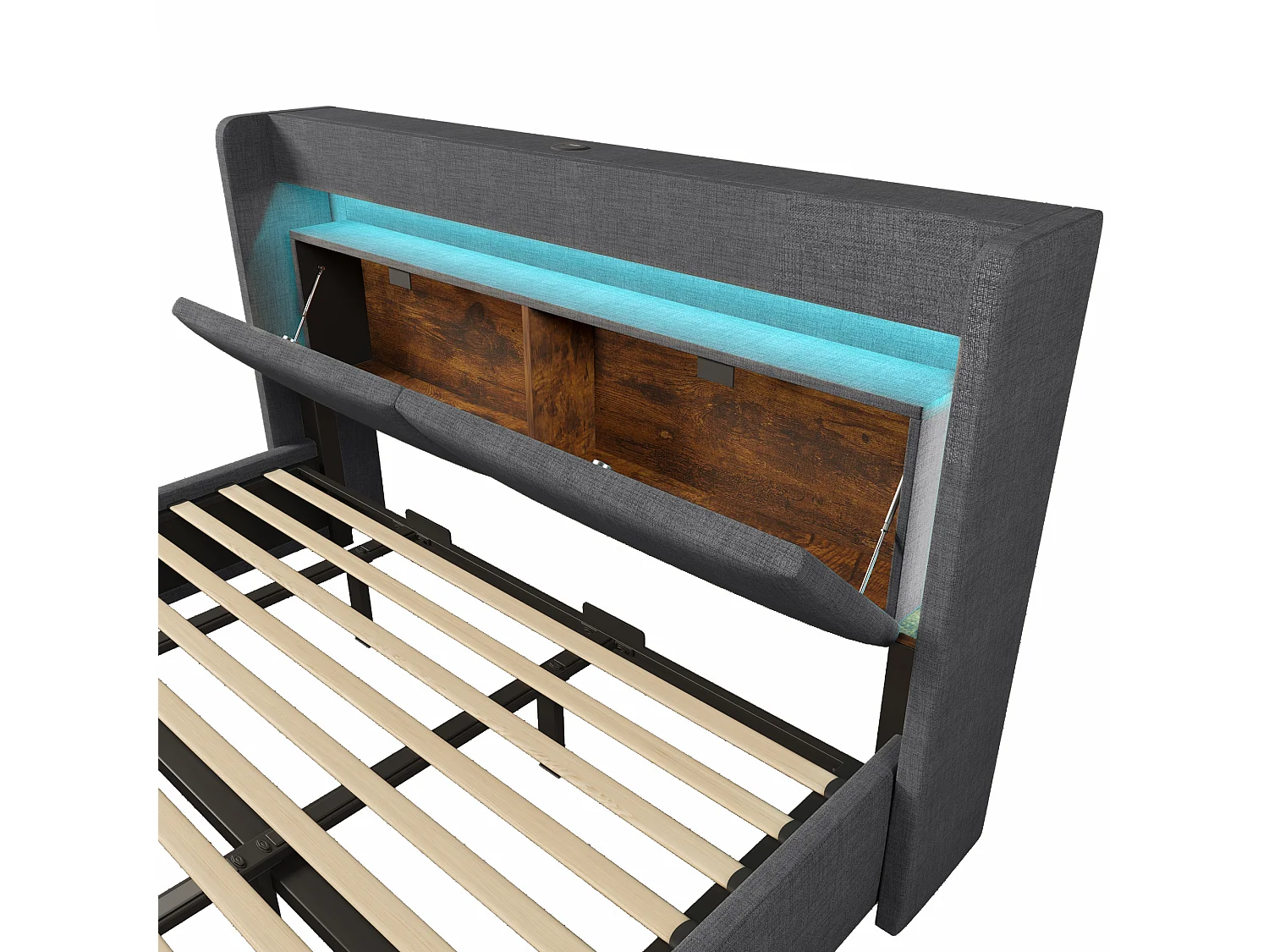 Gepolstertes Bett mit Stauraum 180x200cm - mit LED und USB-Anschluss - mit 1 Schublade - Kopfteil mit Stauraum - Leinen - Grau​ (ohne Matratze)