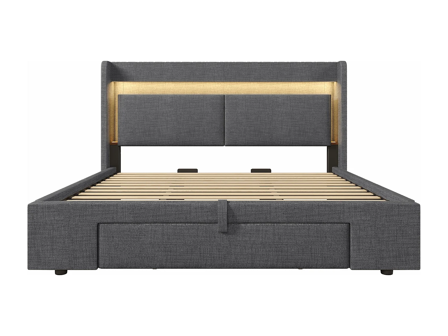 Gepolstertes Bett mit Stauraum 180x200cm - mit LED und USB-Anschluss - mit 1 Schublade - Kopfteil mit Stauraum - Leinen - Grau​ (ohne Matratze)