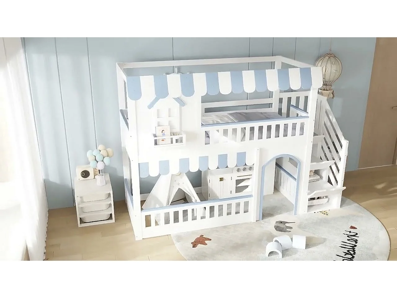 Cama alta 90x200 cm - escada con armazenamento - con somier de ripas - madeira maciça + MDF - Branco + Azul​ (sem colchão)