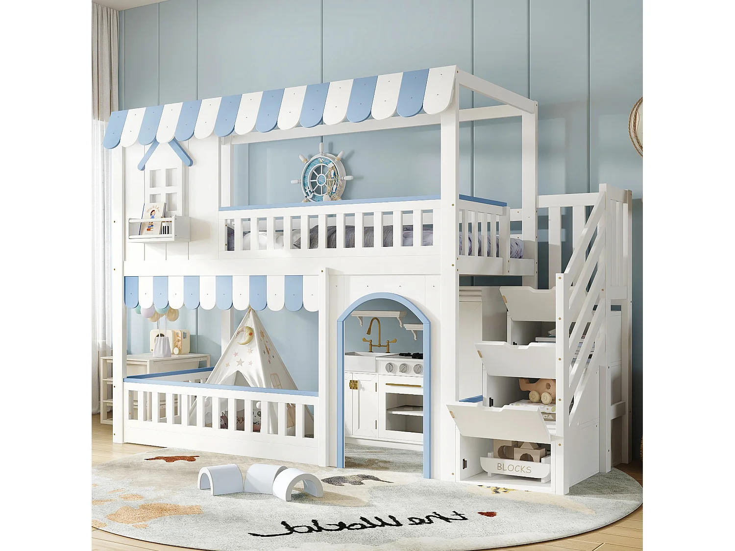 Cama alta 90x200 cm - escada con armazenamento - con somier de ripas - madeira maciça + MDF - Branco + Azul​ (sem colchão)