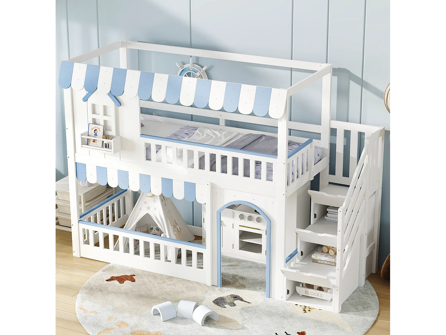 Cama alta 90x200 cm - escada con armazenamento - con somier de ripas - madeira maciça + MDF - Branco + Azul​ (sem colchão)