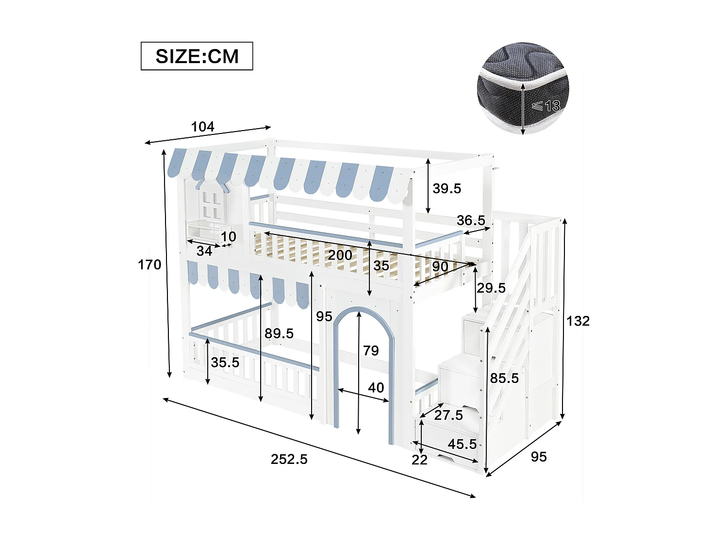 Cama alta 90x200 cm - escada con armazenamento - con somier de ripas - madeira maciça + MDF - Branco + Azul​ (sem colchão)