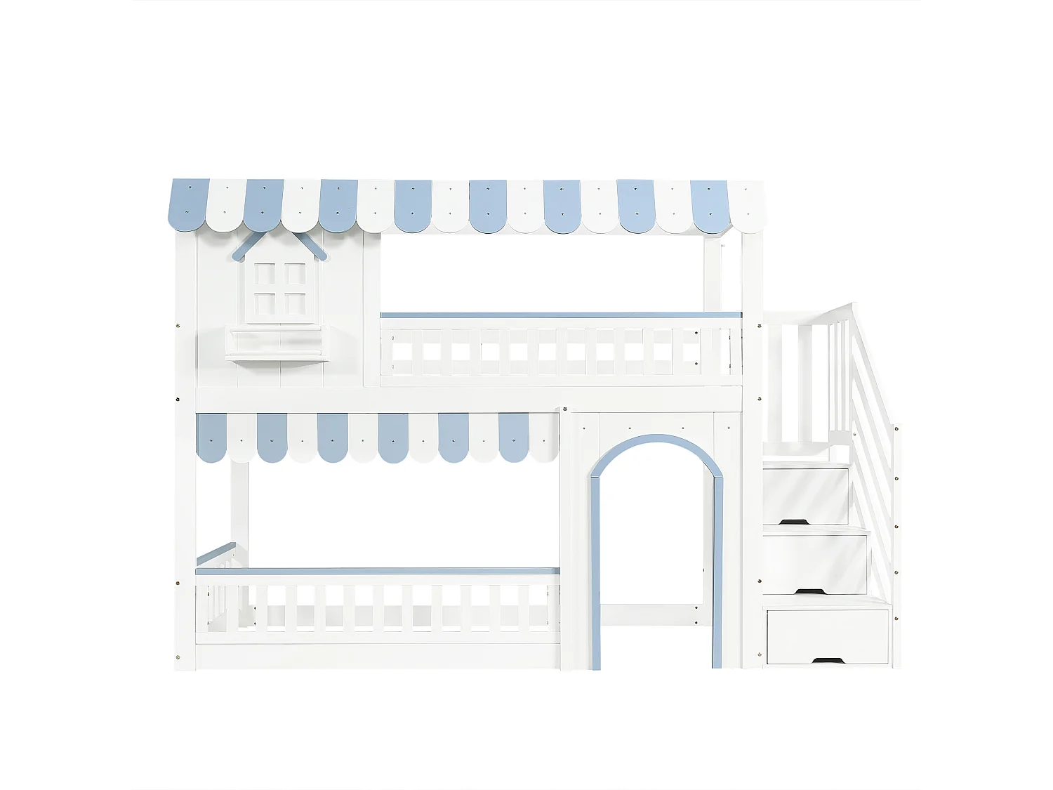 Cama alta 90x200 cm - escada con armazenamento - con somier de ripas - madeira maciça + MDF - Branco + Azul​ (sem colchão)