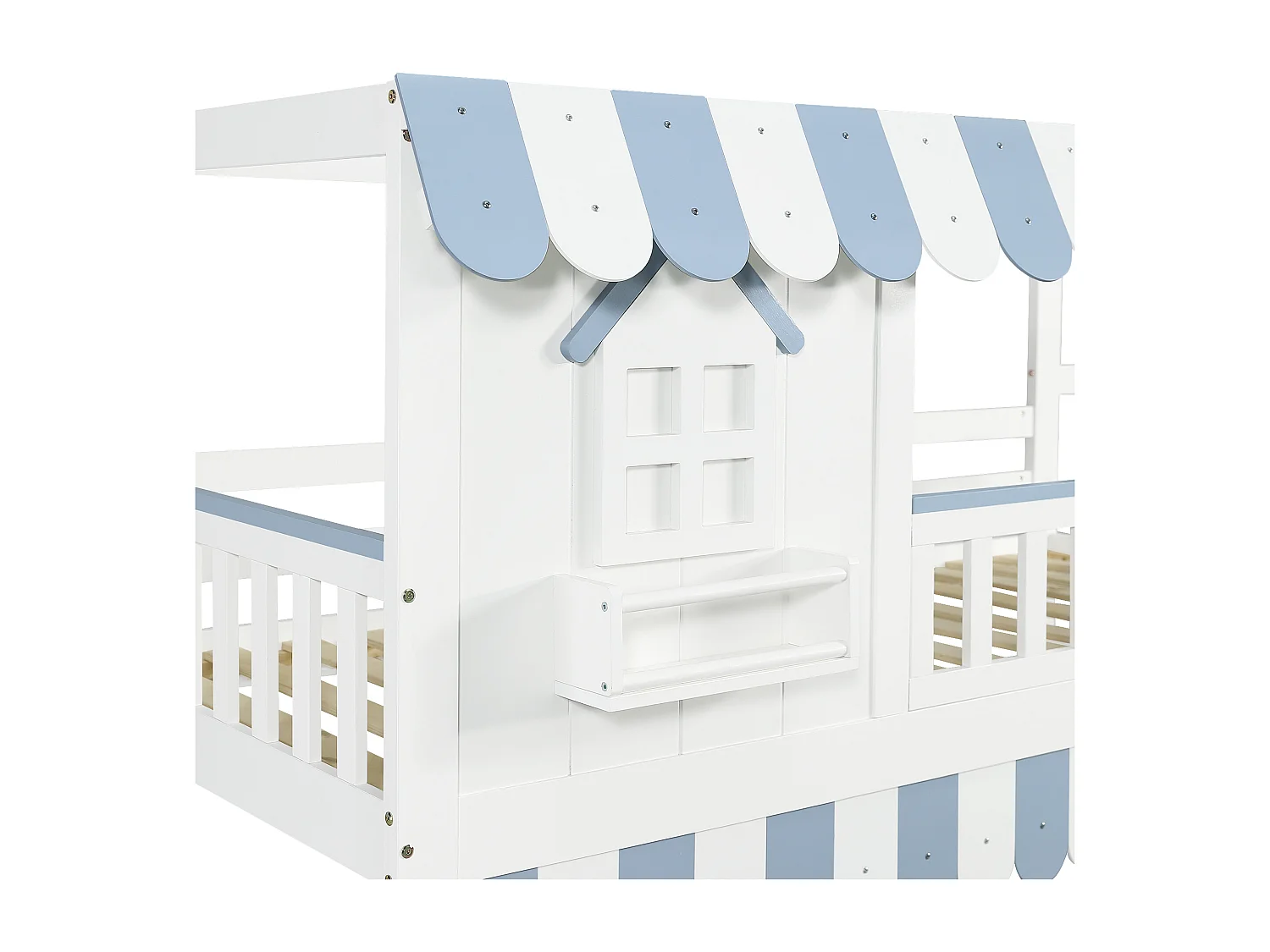 Cama alta 90x200 cm - escada con armazenamento - con somier de ripas - madeira maciça + MDF - Branco + Azul​ (sem colchão)