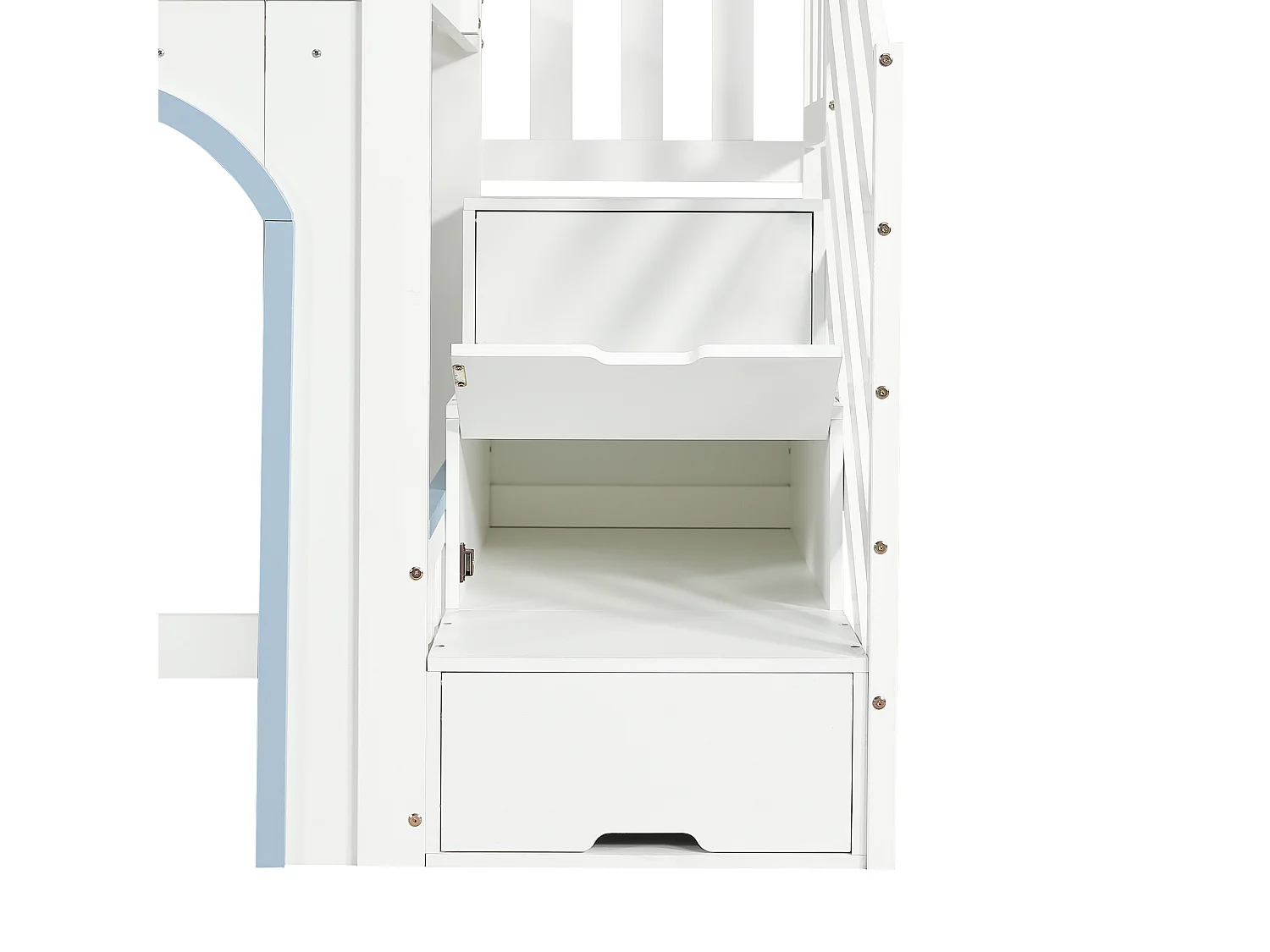 Cama alta 90x200 cm - escada con armazenamento - con somier de ripas - madeira maciça + MDF - Branco + Azul​ (sem colchão)